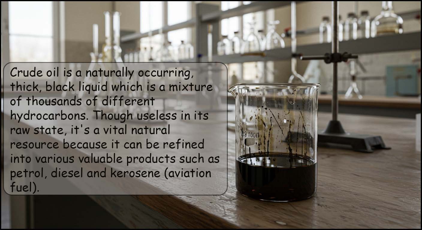 A sample of crude oil in a beaker in the lab.